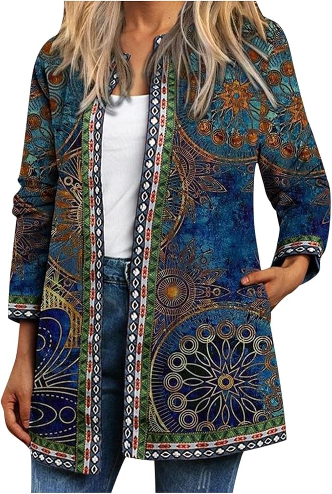 SYDUZAX Vintage Jackets Women Ethnic Style Coat Chic Floral Print Large Size Bohemian Casual Cardigan Long Soft Outwear Retro Jacket Women Autumn Winter Clothing Collar Coat Long Sleeve