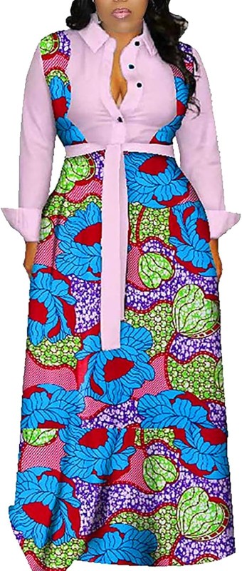 RICOCHO Kente Ankara Women's Long African Shirt Dress V Neck Belted Print Maxi Traditional Dashiki Dress