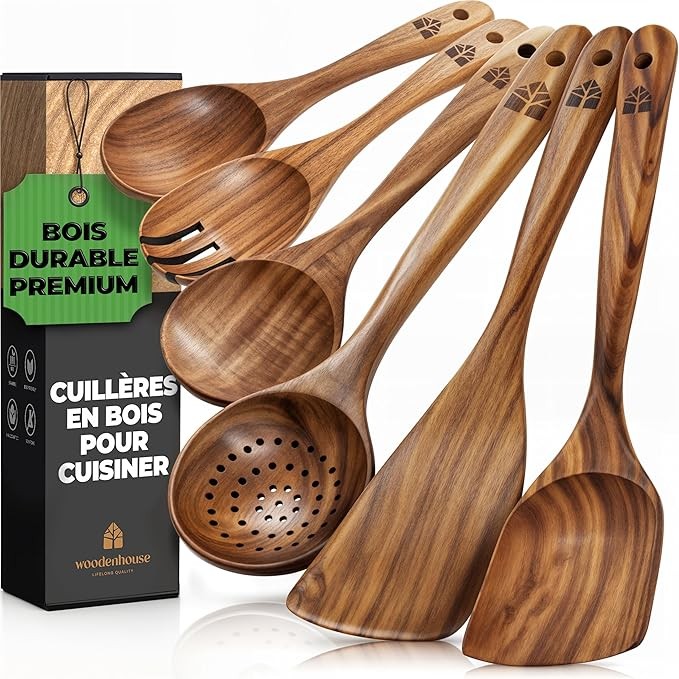 Wooden Kitchen Utensils - Heat Resistant & Durable Wooden Spoons & Spatulas Set - Easy to Clean Teak Wood Utensil Set - Sturdy & Scratch Resistant