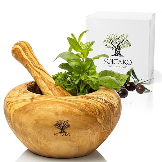 SOLTAKO Mortar and Pestle - Olive Wood Mortar and Pestle Set - Pepper Grinder, Spices - African Mortar - Tunisian Olive Wood - Artisanal Kitchen Ø approx. 16cm