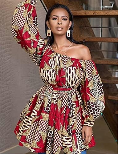 Women African Dress Off Shoulder Long Sleeve Retro Rockabilly Floral Print Dress