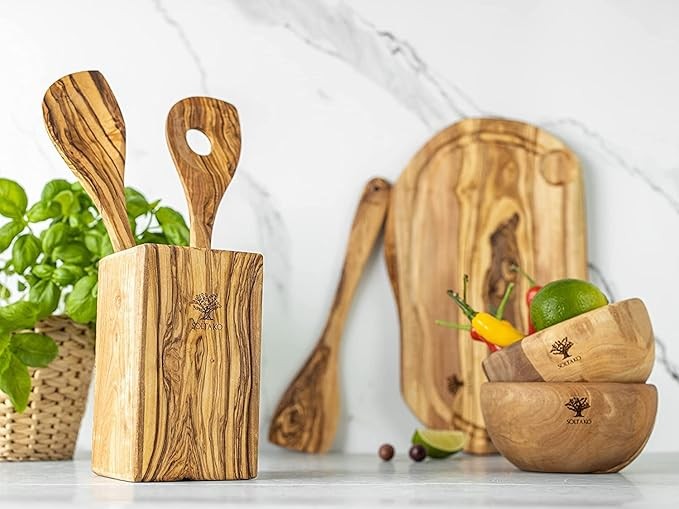 SOLTAKO Kitchen Utensils - Spoons, Spatulas and Palettes - Raw Olive Wood Cooking Spoons - Spatulas, Salad Servers, Forks, Rice Spoons 30cm