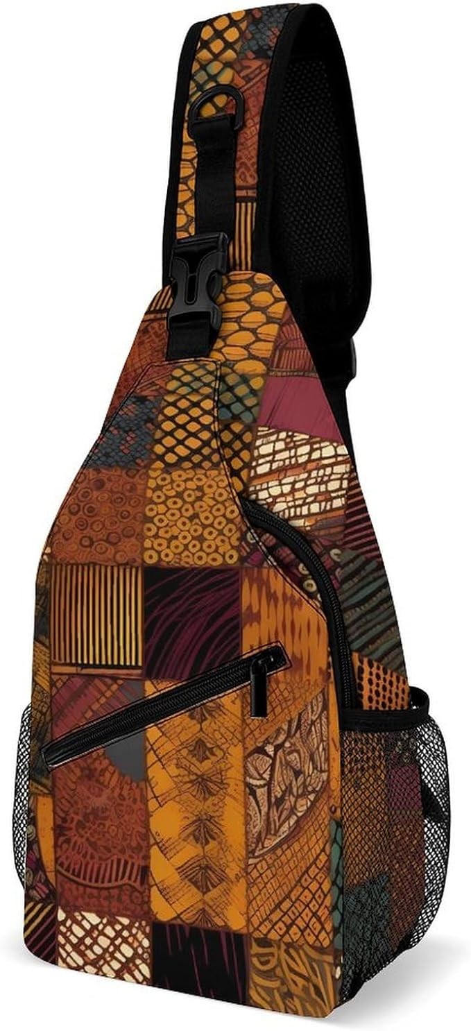 KLSVTMEA Petit sac à dos à bandoulière imprimé patchwork de style africain, plusieurs poches, convient pour les voyages, le sport et une utilisation quotidienne, Patchwork de style africain, 8*4*15