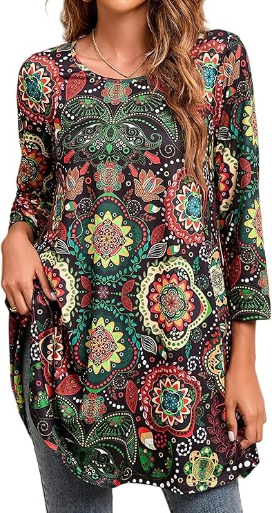 Enmain Women's Tunic 3/4 Sleeve Long Sleeve Floral Printed Shirt Paisley for Women Casual Elegant Chic T-Shirt Blouses