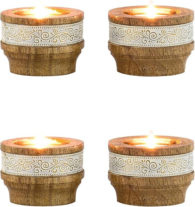 Marrakech Set of 4 Bohemian Wood and Metal Tea Light Holders 3 Inch Hannan Oriental Candle Holders Vintage Table Decoration Bedroom Decoration Spring