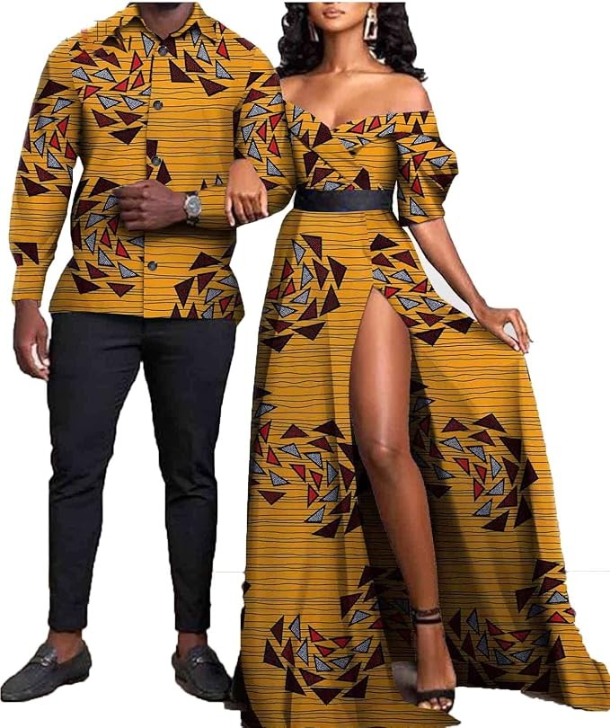stdpcxz African Traditional Wedding Couple Outfit Dashiki Men Outfits Slim Fit Traditional Suit and Off Shoulder Dresses for Women Fashion Clothing