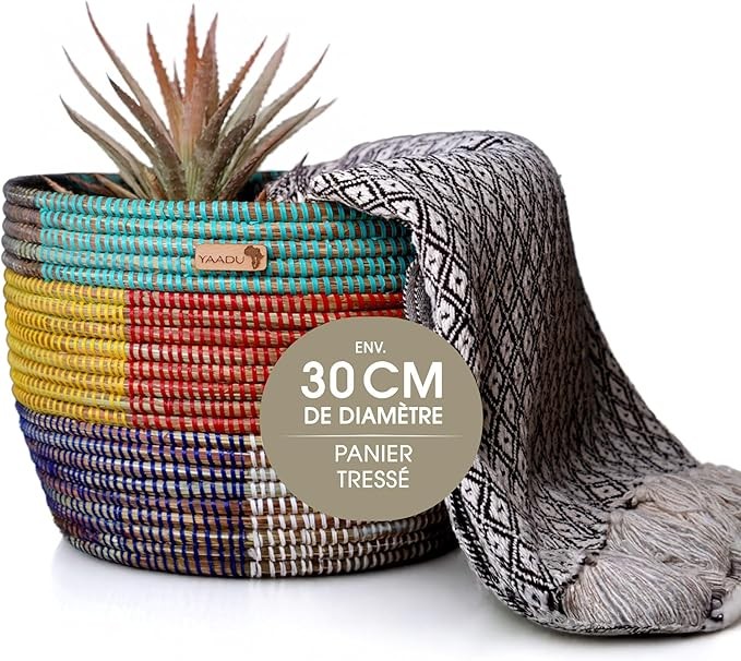 YAADU Braided Storage Basket - Plant Pot, African Shelf, Decorative Pot Cover, Storage for Toys and Miscellaneous Objects - Makeba Model (Colourful)