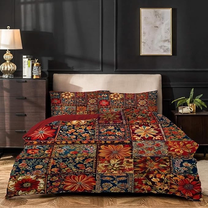 Duvet Cover 200 x 200 cm, Red Patchwork Floral Bedding Set Double with Zip, Retro Bohemian Printed Bedding Set and 2 Pillowcases 65 x 65 cm