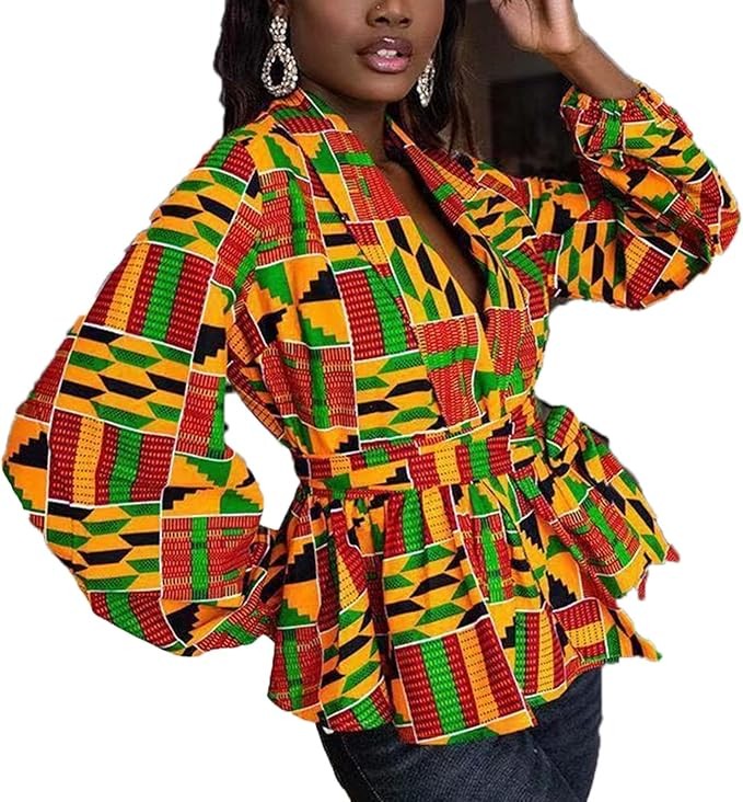 Kente Ruffle Hem's Hem's Women's Long Sleeve African Long Sleeve Cardigans Jacket Ankara Print Open