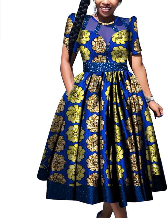 Bazin Women's Traditional African Short Sleeve Dresses