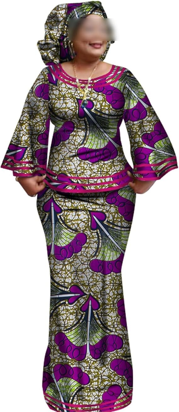 Kelsiop 2 Piece Set Women African Dashiki Hijab Dashiki Costume Long Sleeve Tops and African Skirt