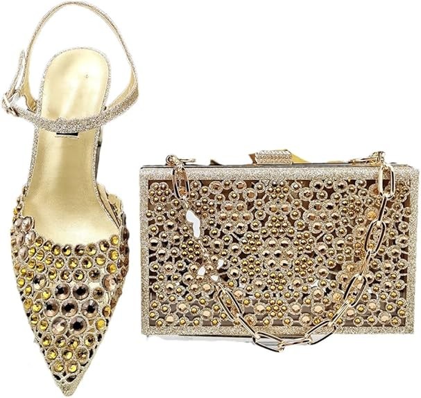 Party African Women's Rhinestone Shoe Bag Set with Pointed Toe and Square Cutout