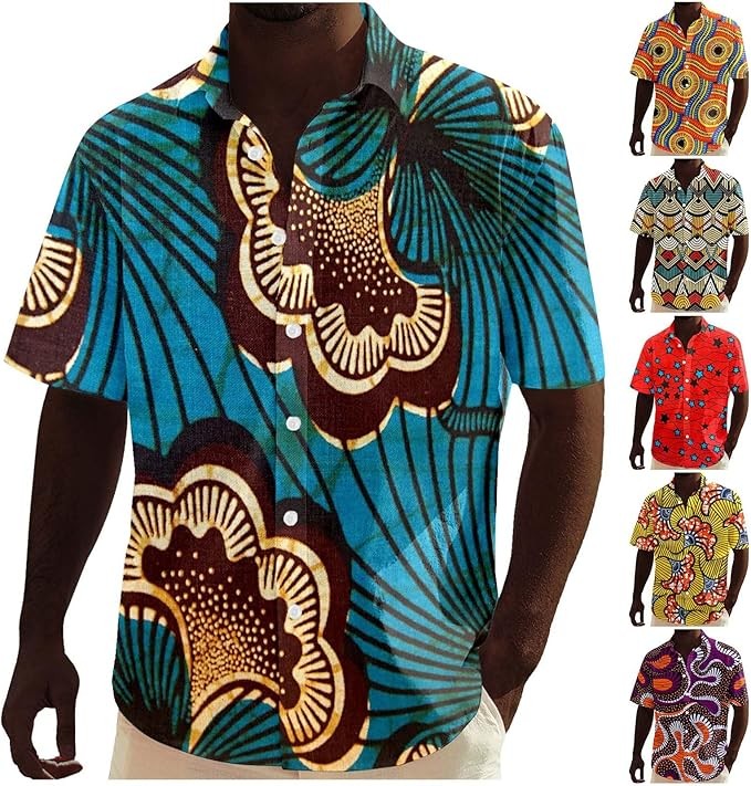 Generisch Dark Green Men's Short Sleeve African Dashiki Style Traditional Style Hawaiian Beach Holiday Summer Hawaiian Shirt Ankara Flower Shirts Festive Shirts for Men