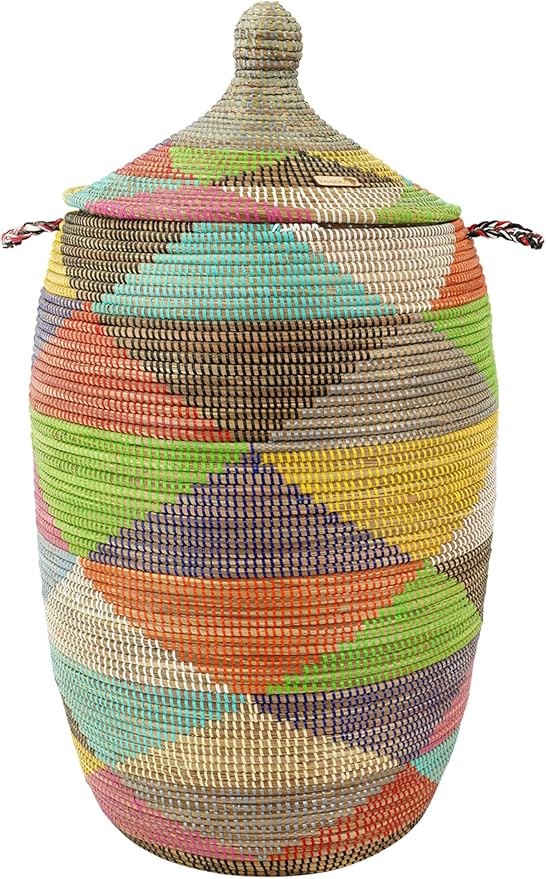 Traditional African Laundry Basket - Fulani - XXL Basket - Woven - Handmade - Made in Africa - Height without lid measured approximately 60 cm (White, colored)