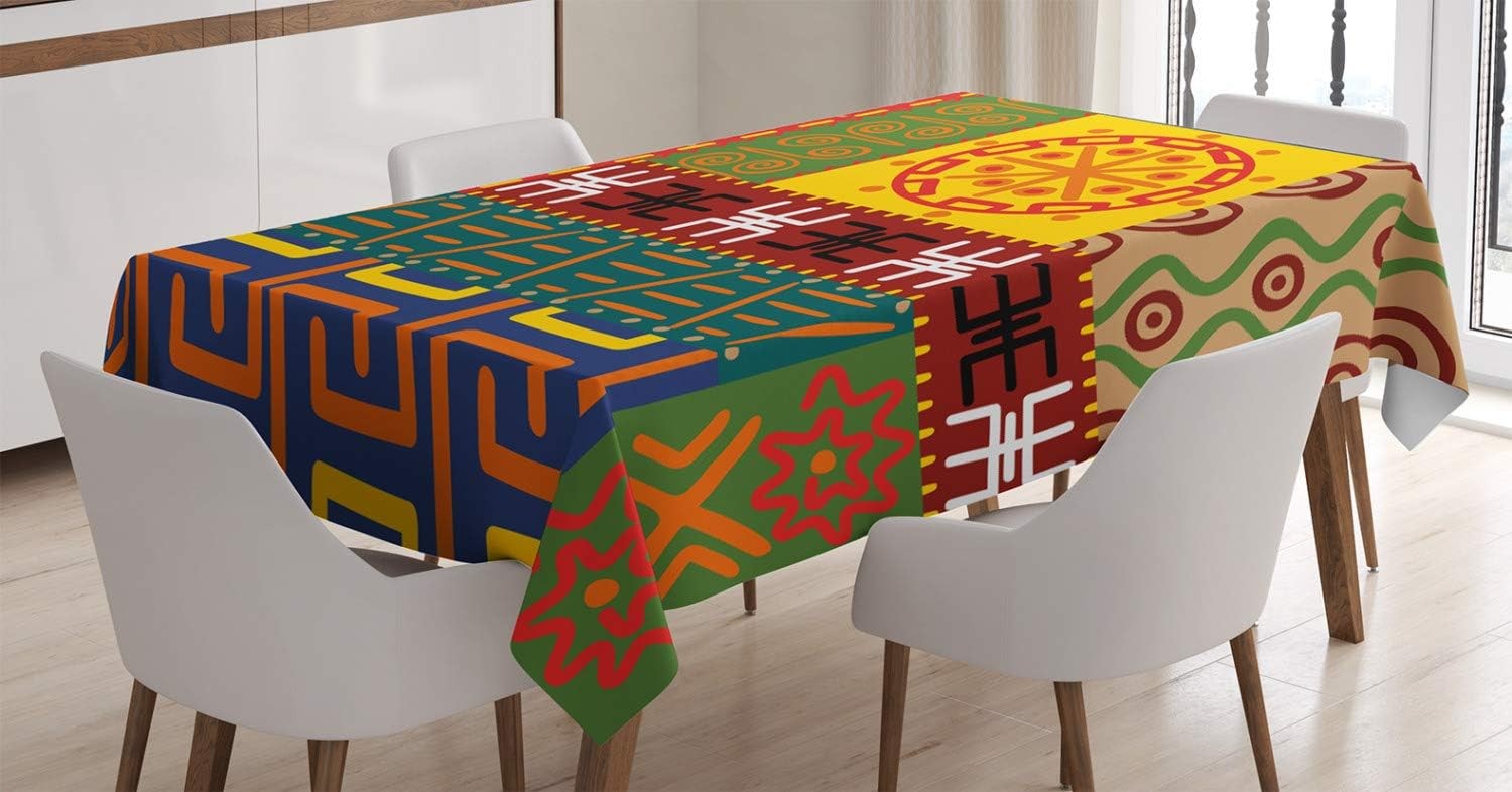ABAKUHAUS Primitive Tablecloth, Primitive Tribal, Rectangular Table Linen for Dining Room Kitchen Decor, 55" x 80", Yellow Green