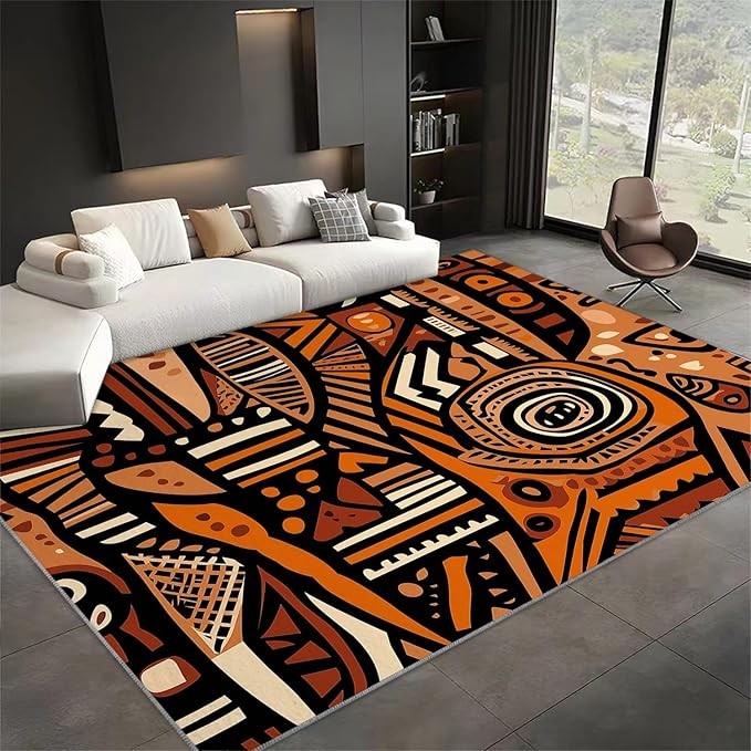 Traditional African Art Symbols Rug for Living Room, Bedroom, Dining Room, Non-Slip Soft Shaggy Rug, Traditional Symbols Carpet for Easy Cleaning, 140 x 200 cm