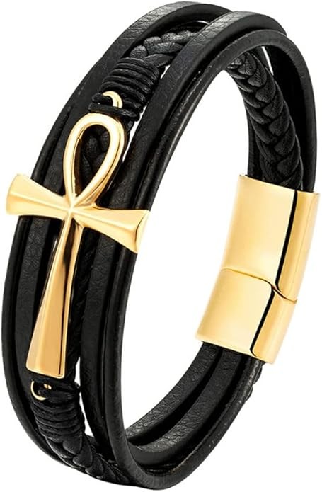 Joielavie 21CM Bracelet Egyptien Ankh Croix de Vie Or Boucle Magnétique Multi Rangs Tissé Cuir Véritable Acier Inoxydable Vintage Bijoux