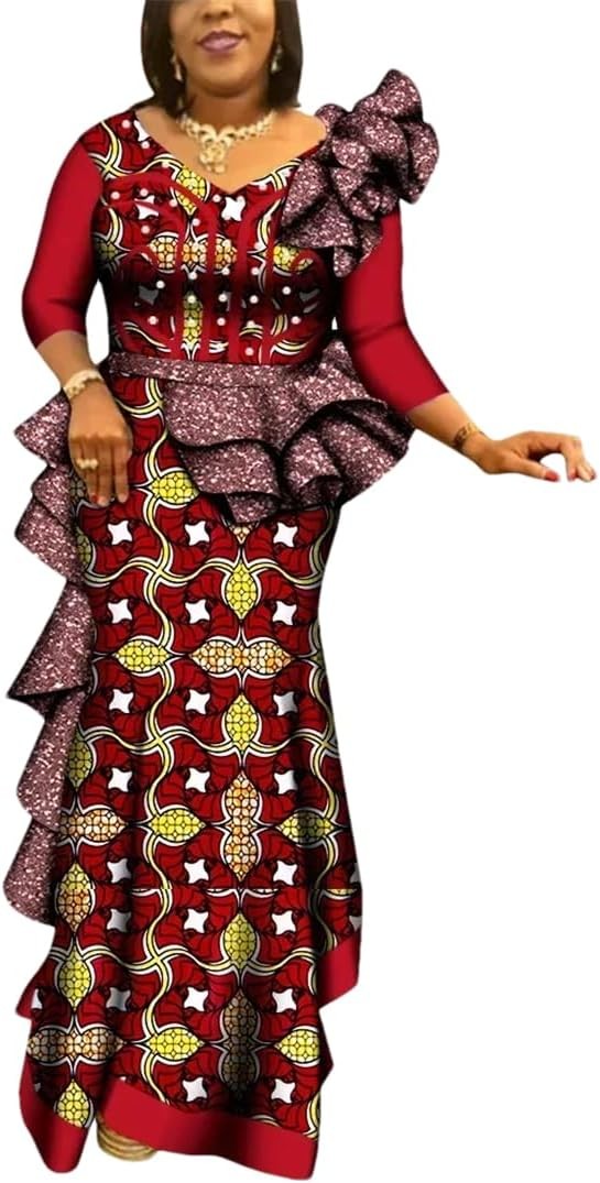 African Dress for Women Bazin Riche African Clothing V Neck Africa Print Dress