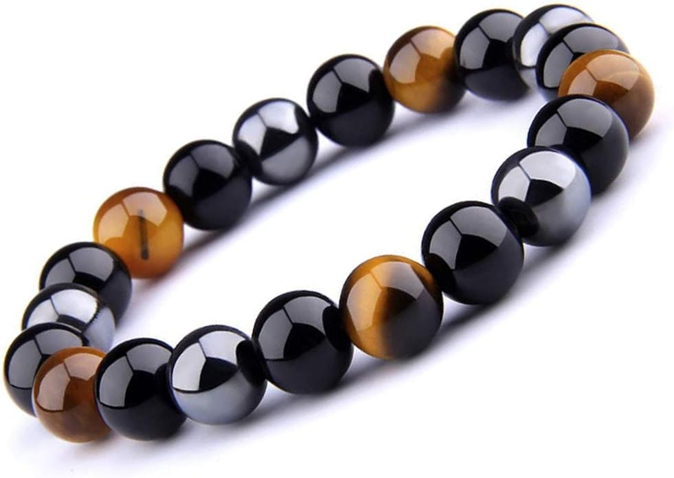 UEUC Triple Protection Tiger's Eye Bracelet with Hematite and Black Obsidian Beads