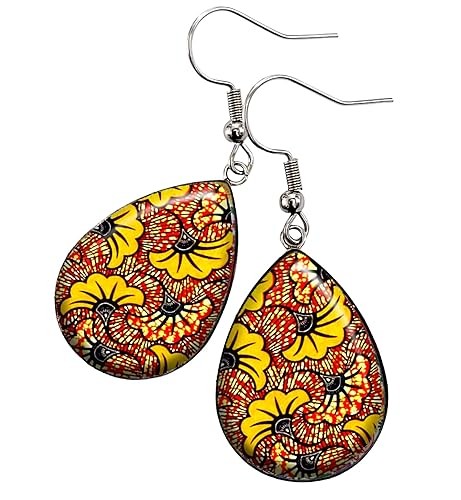 Boucles d'oreilles gouttes wax jaune rouge fleurs ethnique afrique cadeau