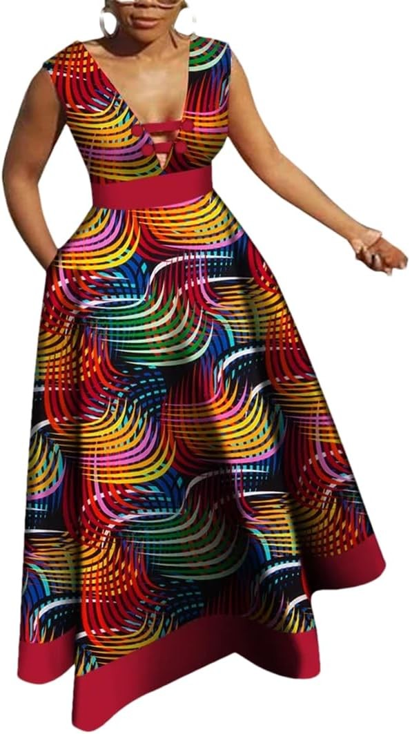 African Dresses for Women Dashiki Patchwork Wax Print Long Evening Dress V Neck