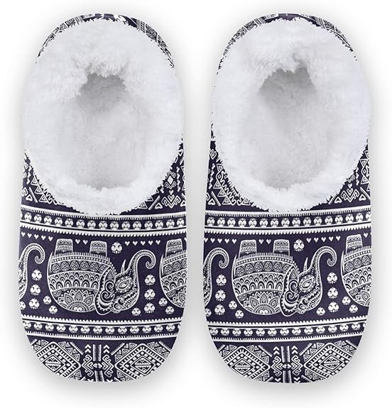 JNlover Retro African Tribal Elephant Slippers Women Men House Slippers Closed Toe Comfortable Coral Fleece Fuzzy Feet Home Shoes for Indoor Outdoor