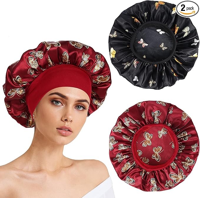 2 Pieces Satin Night Cap, Silk Hair Night Hat, Satin Hat for Women (Butterfly Pattern: Black + Burgundy)