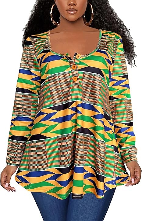 Afibi T-shirt Henley à manches longues pour femme - Coupe ample - Col rond - Dashiki africain