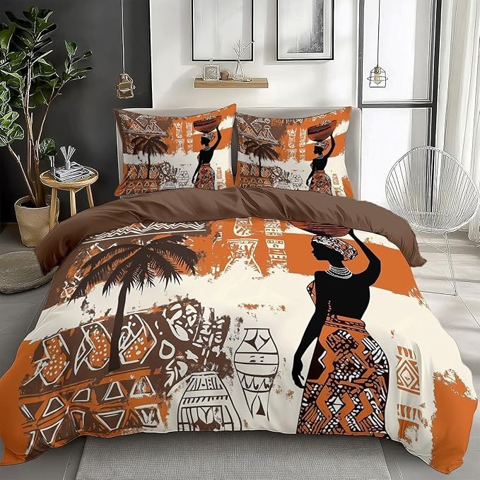 Quixora Duvet Cover Set 140 x 200 cm, Tribal African Woman Pattern, Single Bed Linen Set with 2 Pillowcases 65x65 cm, 100% Microfiber, Zipper Closure, Brown