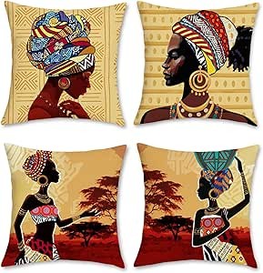 Bonhause Set of 4 African Women Cushion Covers 45 x 45 cm Ethnic Tribal Polyester Linen Decorative Pillowcase for Sofa Bed Chair Home Decoration