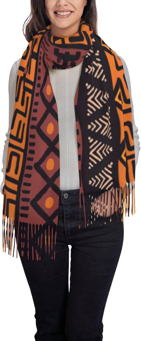 YQxwJL Foulard africain en tissu de boue imprimé tribal f mode Noël hiver pour femmes hommes femmes écharpe longue écharpe avec pompons châle, noir, taille unique, Noir/blanc, taille unique