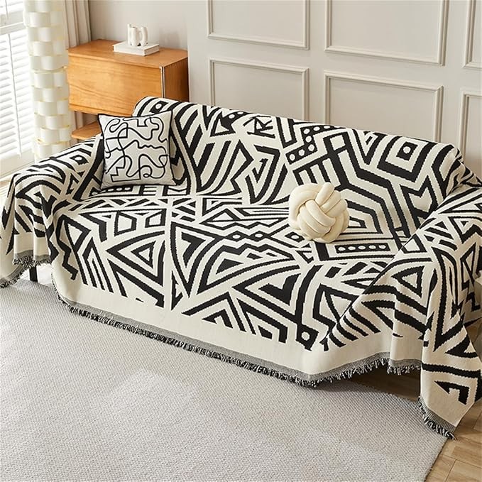 Xisnuient Plaid Canapé Grand Géométrique Réversible, Motif Ethnique, 1/2/3/4 Places, Couverture Légère Et DéCoratif pour Salon CanapéS Et Lit King (Noir,180x340cm)