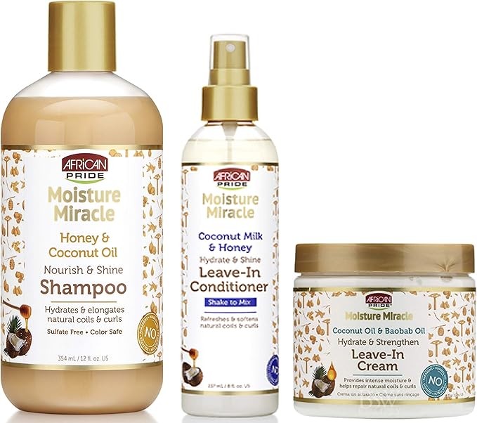 African Pride Moisture Miracle Shampoo, Leave-in Conditioner and Leave-in Cream SET, Coconut Oil, Honey, Baobab Oil Hydrate Coconout Oil and Milk