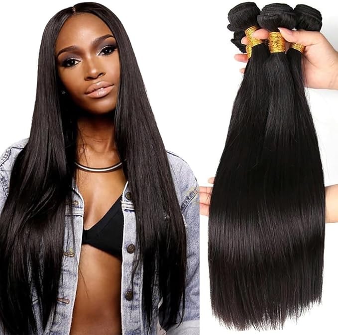Straight Human Hair Bundles Brazilian Weave Short Straight Natural Weave Human Hair Natural Brazilian Weave In Lot Natural Black Color Total 300g 22 24 26 Inch