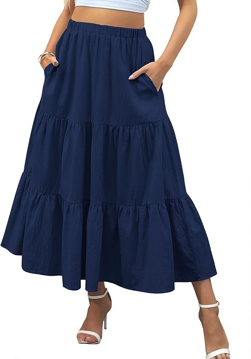 Zeagoo Women Skirt Elegant High Waist Summer Maxi Skirt A-Line Casual Long Skirt Elastic Skirts with Pockets S-XXL
