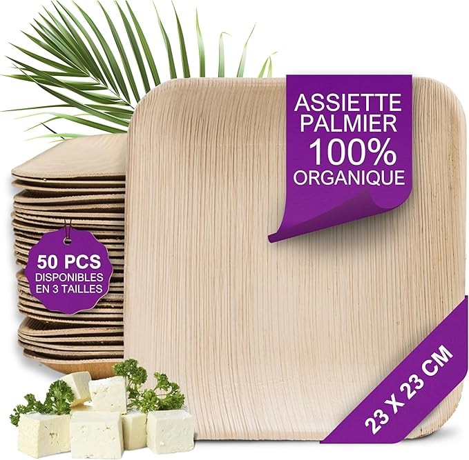 Waipur Disposable Palm Leaf Plate - 50 pcs. Square 23x23cm - Natural and Elegant Tableware - Chic, Durable and Unique Design - Similar to Bamboo and Wood