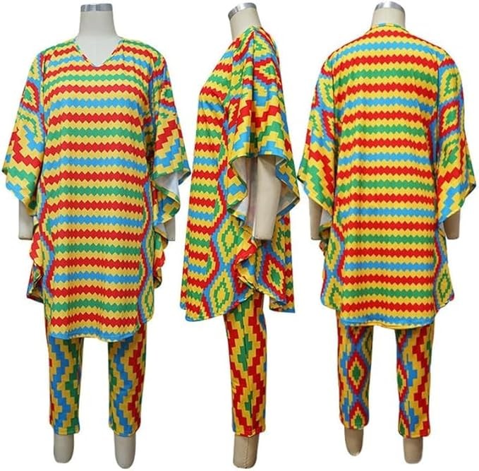 FZKun Women African Print 2 Piece Set Long Sleeve Shirt and Pants Matching African Dashiki Suit