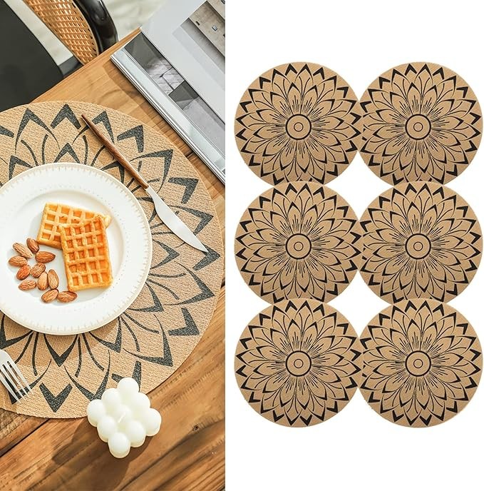 CcHhyyt Round Bohemian Print Placemats PVC Braided Placemats Set of 6 Washable Heat Resistant Non-Slip Table Mats for Kitchen Restaurant Dining Table (C)