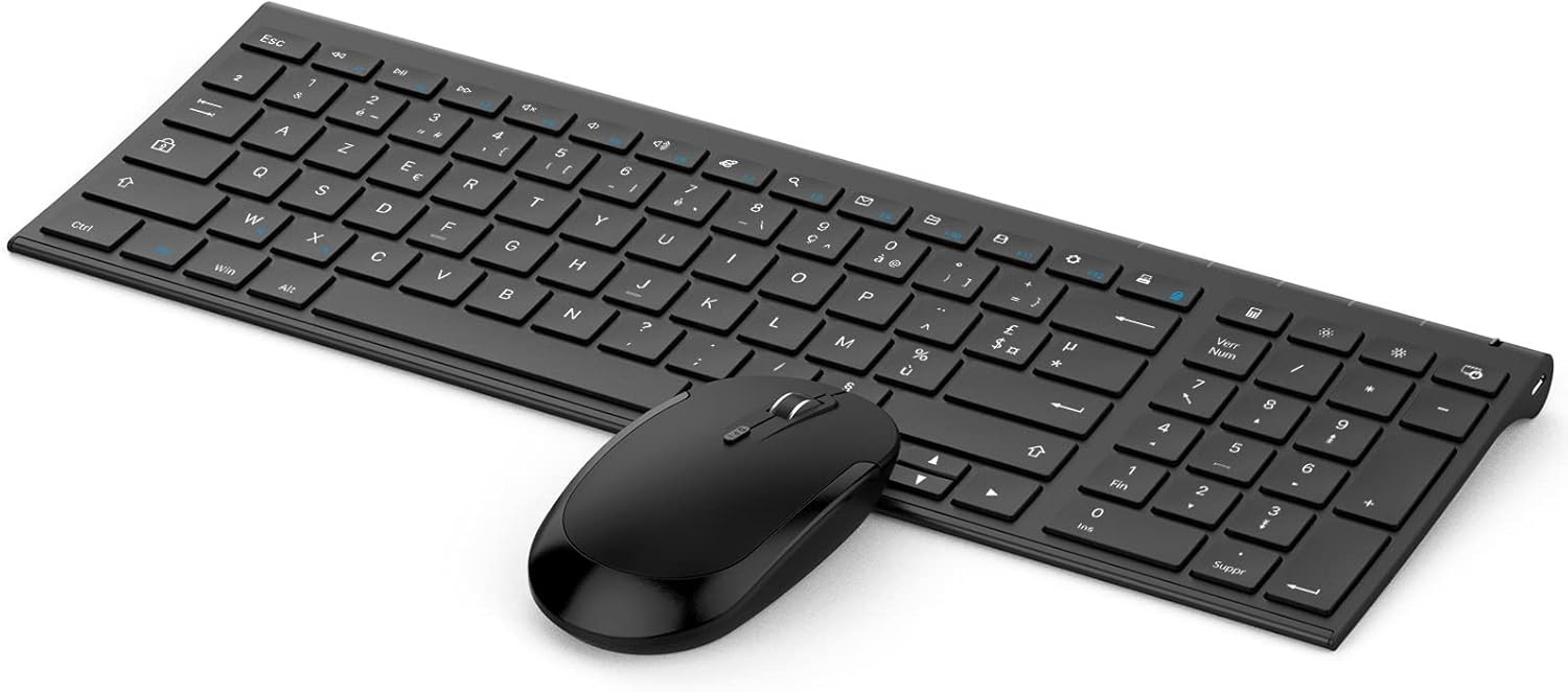 seenda Wireless Keyboard and Mouse Combo for Windows, Rechargeable, USB Receiver, Multimedia Keys, Quiet, Ultra-Thin, French AZERTY Layout, Black