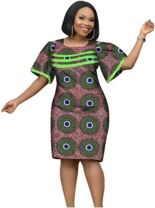 ZHUWWQPINGIKERKRW African Dresses for Women, African Pencil Dress for Women Waxed Cotton Short Sleeve
