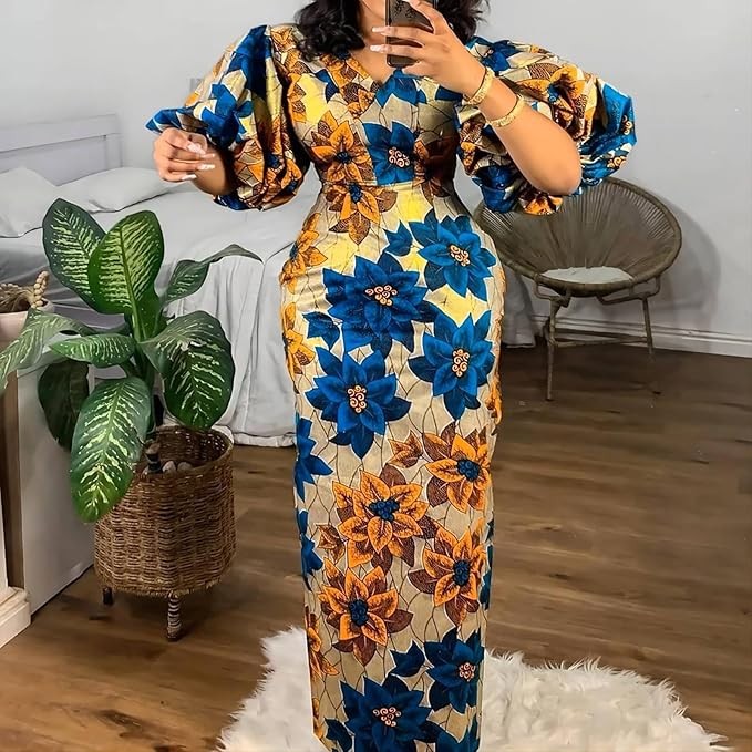 TOSHIKII Women's Traditional African Bodycon Dress, Boho Ankara Print Pencil Dress, Floral Dashiki Ethnic Bodycon Dress, 1, 3XL