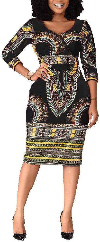 VERWIN Women's V Neck Three Quarter Sleeve Mid-Calf Bodycon Dress