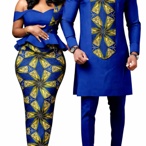 Ensemble Couple Africain Assorti – Tenue Royale Bleue Motif Ankara