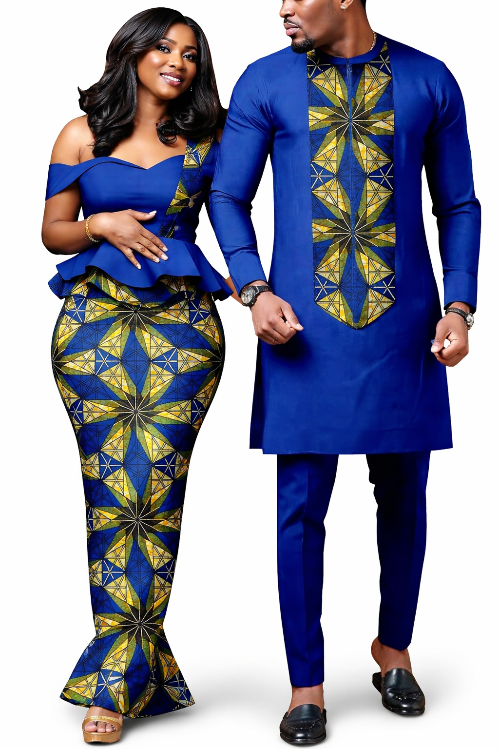 Ensemble Couple Africain Assorti – Tenue Royale Bleue Motif Ankara