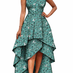 Robe Ankara Asymétrique High-Low – Imprimé Vert d’Eau
