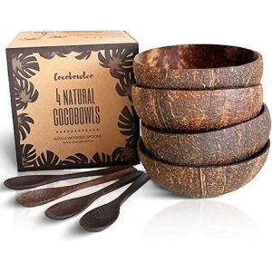 Lot de Bols en Noix de Coco Naturelle avec Cuillères en Bois