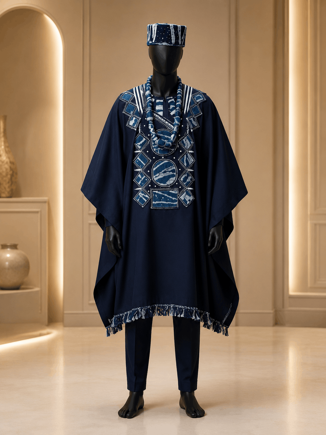 Tenue Cérémonie Homme Bleu Indigo – Boubou Prestige à Motifs Géométriques