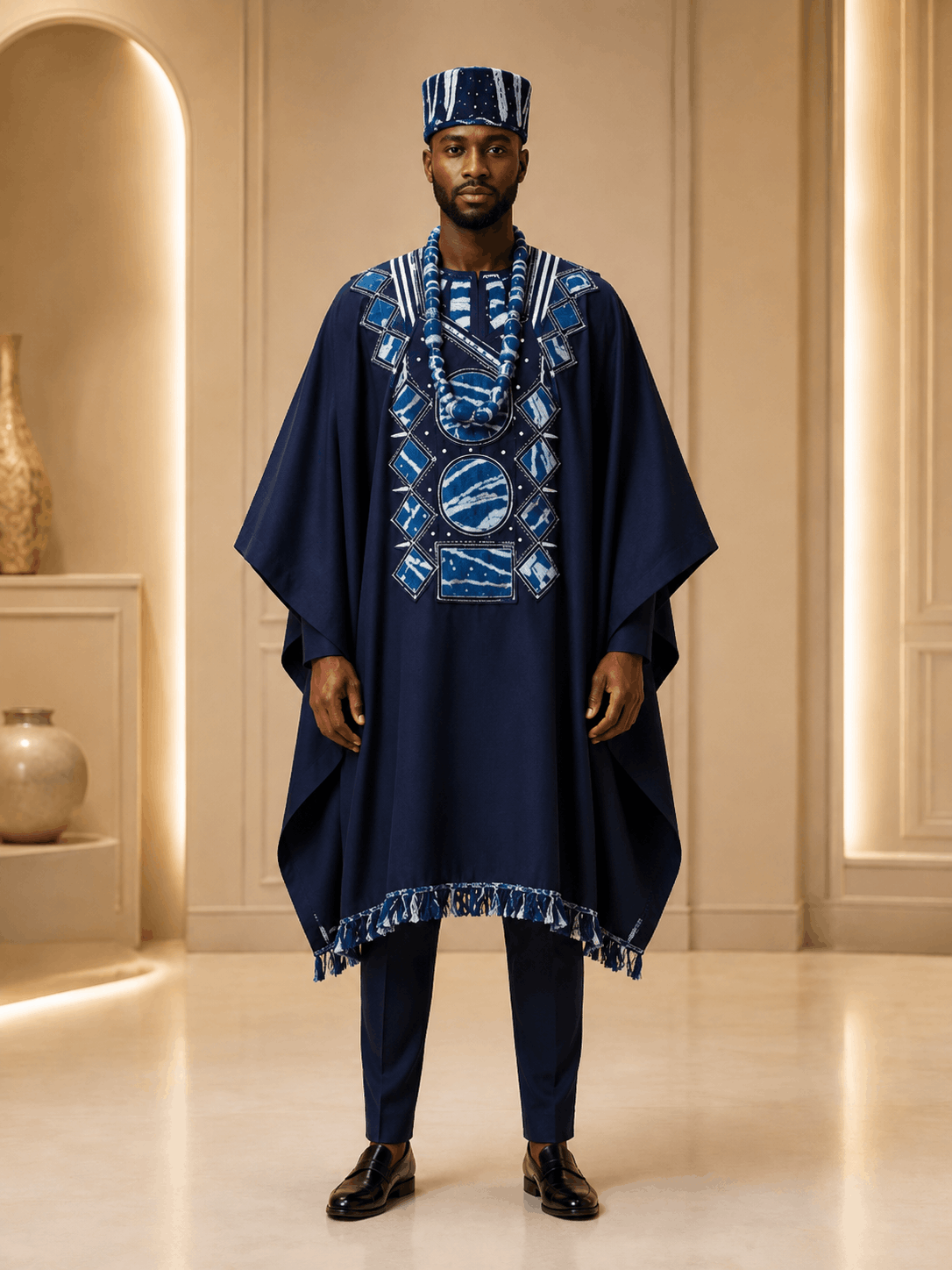 Tenue Cérémonie Homme Bleu Indigo – Boubou Prestige à Motifs Géométriques - Image 2