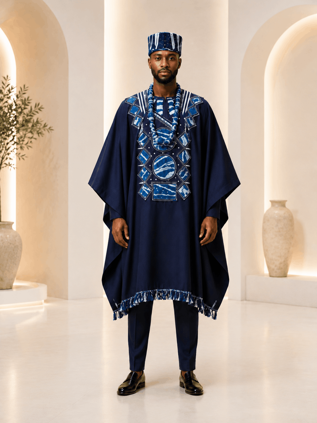 Tenue Cérémonie Homme Bleu Indigo – Boubou Prestige à Motifs Géométriques - Image 3