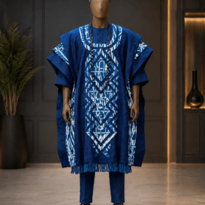 Grand Boubou Homme Bleu Royal – Tenue Cérémonie Prestige à Motifs Géométriques
